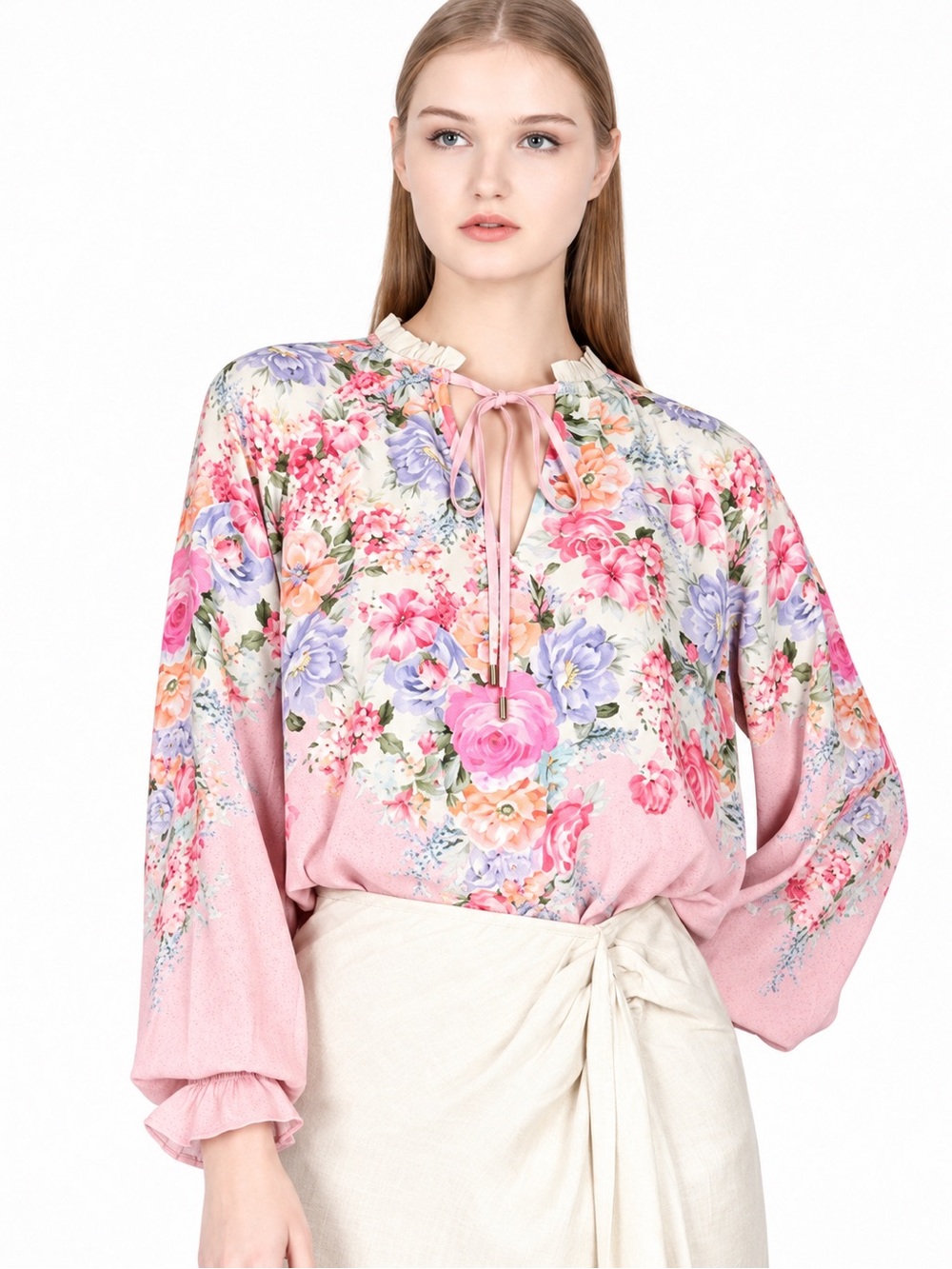 Anthropologie Blank London Mirone Floral Blouse Pink Ruffle Tie Boho NWT